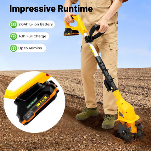 Person using Cordless Garden Tiller Cultivator 250RPM Portable Electric Rototiller With Batteries And Charger Included in soil