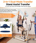 2-in-1 Electric Patient Lift For Seniors With 420 Lbs Capacity Dual Stand Assist And Full Body Suspension Mobility Aid in use with a caregiver.