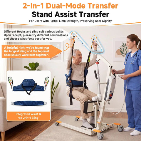2-in-1 Electric Patient Lift For Seniors With 420 Lbs Capacity Dual Stand Assist And Full Body Suspension Mobility Aid in use with a caregiver.