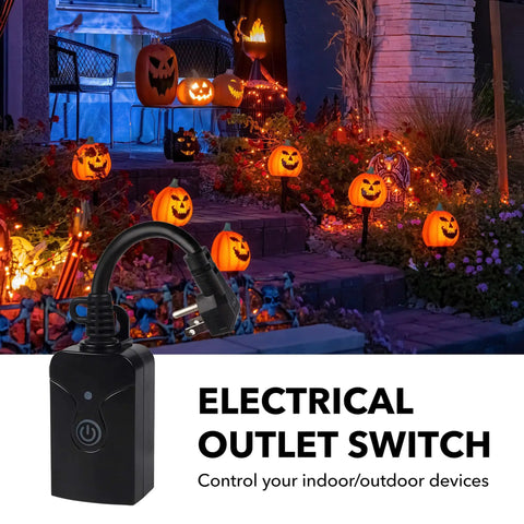 Outdoor Indoor Wireless Remote Control 3 Prong Outlet Kit Weatherproof Heavy Duty 15 Amp displayed in Halloween decor scene.