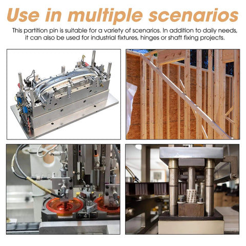 Collage showing various uses for Heavy Duty Bearing Steel Dowel Pins Set, including industrial fixtures and construction setups.