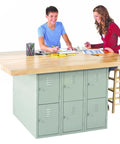 Heavy Hitter Four Station Workshop Workbench With Locker Base Setup Fresh Maple Butcher Block Top Gray Steel Frame, students collaborating.