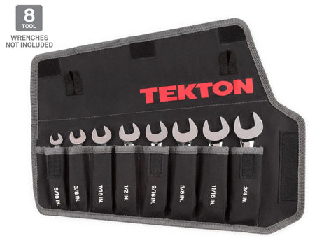 Eight Tool Stubby Wrench Roll Organizer For Five Sixteenths To Three Quarters Inch Stubby Wrenches, shown open with pockets.