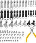 All In One Zipper Repair Kit With 85 Pieces Do It All Quick Fix Set Including 3 Size Sliders And Pulls For Metal, Plastic And Nylon Zippers, Universal Fix Kit With Pliers For Jackets, Coats, Backpacks, Luggage, And Tents visible in image.