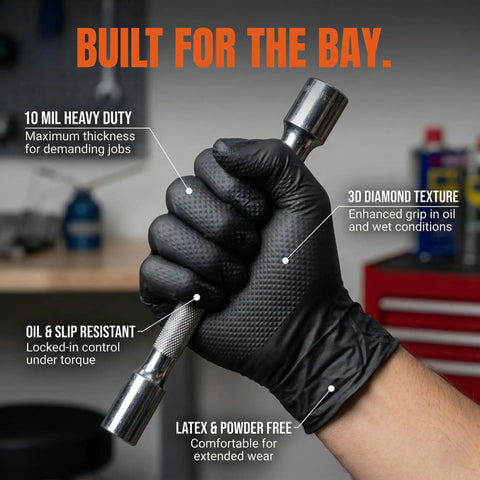 Heavy Duty 10 Mil Black Nitrile Work Gloves With Raised Diamond Grip, 1000 Count Bulk Kit, Powder Free Latex Free Food Safe Mechanic Gear Built Like A Tank For Rough Jobs worn while gripping a wrench.