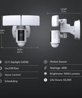 Super Bright Outdoor WiFi Floodlight Security Camera With 5000 Lumens 1080p HD showing dimensions and specifications
