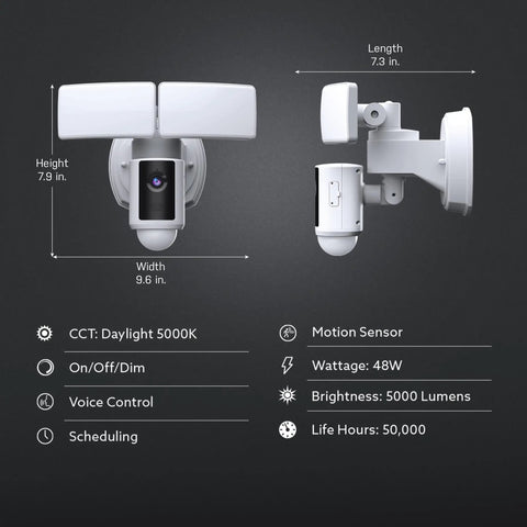 Super Bright Outdoor WiFi Floodlight Security Camera With 5000 Lumens 1080p HD showing dimensions and specifications
