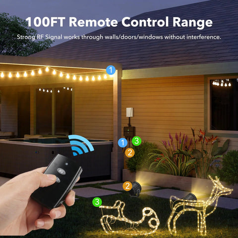 Plug And Play Weatherproof Outdoor Indoor Wireless Remote Control Outlet Kit With Three Grounded Outlets showing 100 ft range