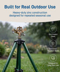 Beefed Up Heavy Duty Zinc Tripod Impact Sprinkler With 360 Degree Rotation And Adjustable Height High Pressure Nozzle displayed outdoors