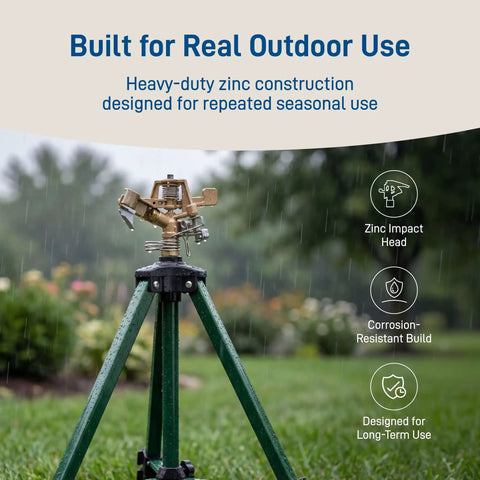 Beefed Up Heavy Duty Zinc Tripod Impact Sprinkler With 360 Degree Rotation And Adjustable Height High Pressure Nozzle displayed outdoors