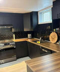 Modern kitchen with Subway Tile Peel And Stick Backsplash Star White Marble PVC Self-Adhesive Tiles Pack, wooden countertops