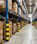 Heavy Duty Forklift Column Protectors Built Tough For Rough Warehouses, High Visibility PVC rack guards in a warehouse aisle.