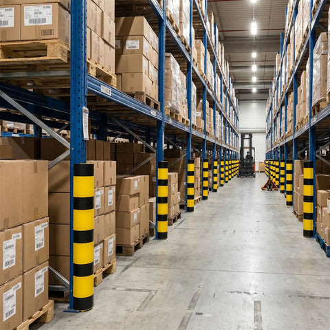 Heavy Duty Forklift Column Protectors Built Tough For Rough Warehouses, High Visibility PVC rack guards in a warehouse aisle.