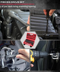 64 Piece One Quarter Inch Drive Impact Socket Set With Deep And Shallow Sockets Cr-V And S2 Power Bits Quick Release Ratchet Universal Joint Bit Holder Drill Adapter For Metric And SAE Fasteners Pro Grade Heavy Duty in use on automotive parts