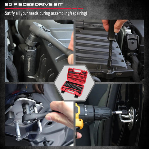 64 Piece One Quarter Inch Drive Impact Socket Set With Deep And Shallow Sockets Cr-V And S2 Power Bits Quick Release Ratchet Universal Joint Bit Holder Drill Adapter For Metric And SAE Fasteners Pro Grade Heavy Duty in use on automotive parts