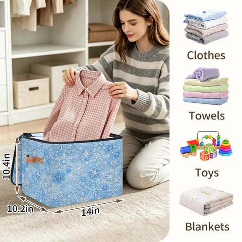 Heavy Duty Waterproof Polyester Storage Containers With A Slick Two Way Zipper Closure And Blue White Snowflake Design, 14x10.4 inches, for organizing clothes.