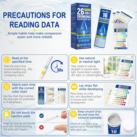 Precautions for reading data with All In One 26 Parameter Water Test Kit With 158 Reagent Strips for safe household water testing.