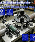 Heavy Duty External Clamp Pipe Beveling Machine With No Fuss Setup And Top Shelf Electric Pipe Cutting For Steel Tubing In 2 To 6.6 Inch Range Running On 220V Single Phase Power Supply on workbench with pipe.