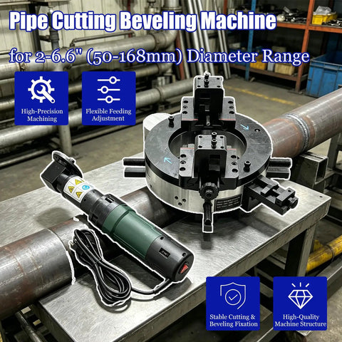 Heavy Duty External Clamp Pipe Beveling Machine With No Fuss Setup And Top Shelf Electric Pipe Cutting For Steel Tubing In 2 To 6.6 Inch Range Running On 220V Single Phase Power Supply on workbench with pipe.