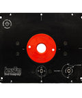 Universal Router Lift Mast-R-Lift II with locking system and insert ring, stainless hardware visible against black plate.