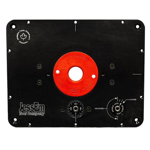 Universal Router Lift Mast-R-Lift II with locking system and insert ring, stainless hardware visible against black plate.