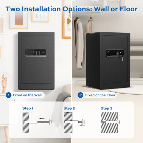 Heavy Duty Steel Home Safe Box 3.0 Cu Ft With LED Light, 6 Locking Bolts, installed on wall and floor, diagram included