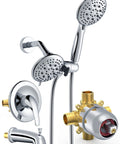 Brushed Gold 3 Way Shower Faucet Set With Handheld Shower Head And Fixed Shower Head Single Handle Tub And Shower Trim Kit 35 Spray Shower Experience Valve Included Ideal For New Construction Or Renovation showing faucet components.