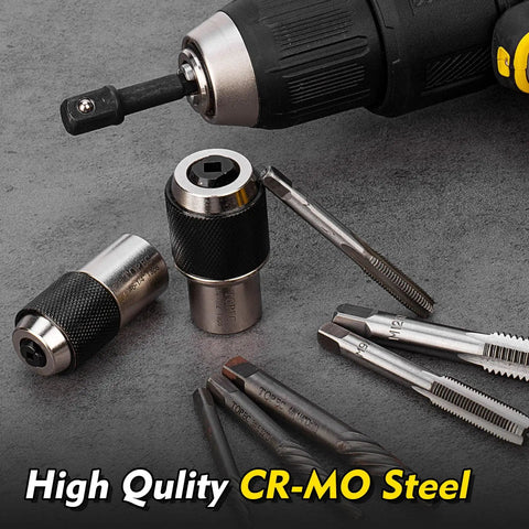 Tap Socket Set With Adjustable Jaws And 3/8 Inch Adapter, 2 Tap Sockets and taps, CR-MO steel construction on gray surface