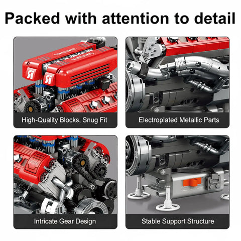 V8 Engine Working Model Kit For Adults With Transparent Cylinder Head And Realistic Piston Motion Gears And Timing Chain In Full Action Experience For Gearheads, 1101-piece block model