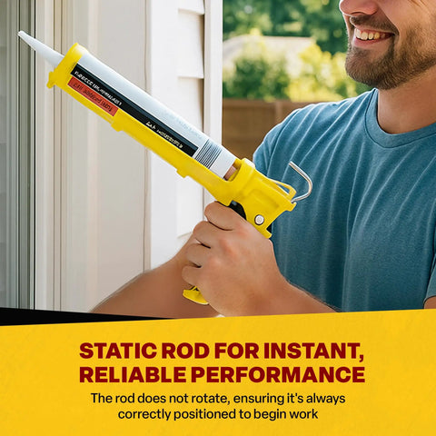 Man using Hex Rod Caulk Gun For 10 Oz Sealant And Adhesive Cartridges, Quiet Squeeze DripFree Tool With Cradle Frame