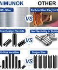 Comparison of 65Mn steel slotted split roll pins vs carbon steel, highlighting flexibility, sizes, and corrosion resistance.