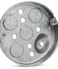 Real Deal 4 Inch Round Shallow Metal Electrical Junction Box UL Listed One Half Inch Deep Ceiling Fan And Light Fixture Mount 6 Cubic Inch Capacity, showing inner view.