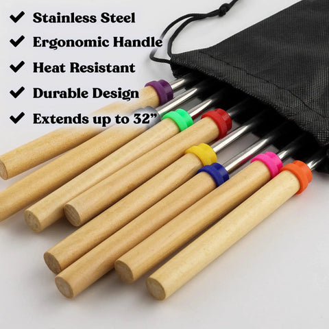 Sturdy 32 Inch Marshmallow Roasting Sticks For Fire Pit Bonfire All In One Camping Kit Eight Pack Stainless Steel Telescopic Skewers