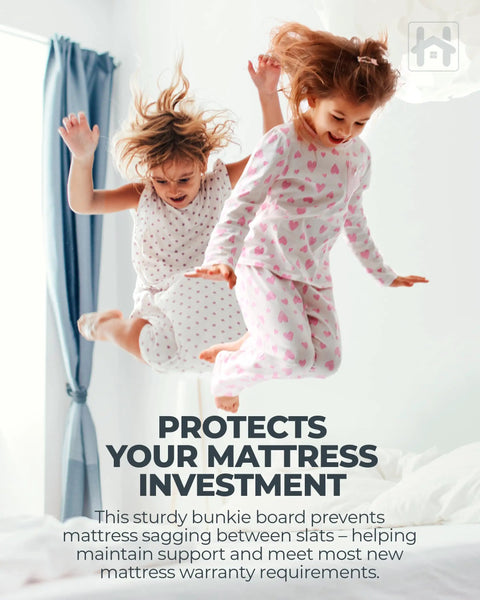 Two children jumping on a bed with Rock Solid Queen Bunkie Board 10mm Slim Low Profile Mattress Support 60x80.