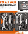 36 Piece Bike Tool Kit With Carry Case For Road And Mountain Bikes open showing wrenches, chain tool, and other bicycle tools.