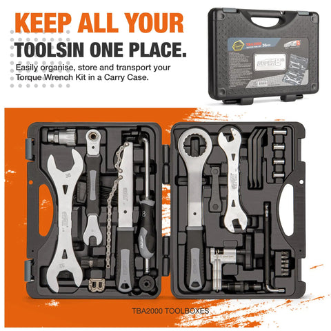 36 Piece Bike Tool Kit With Carry Case For Road And Mountain Bikes open showing wrenches, chain tool, and other bicycle tools.
