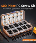 Beefed Up 400 Piece Pc Screw And Standoff Hardware Kit With Heavy Duty Black Zinc Plated Spacers, assorted screws and tools for PC builds.