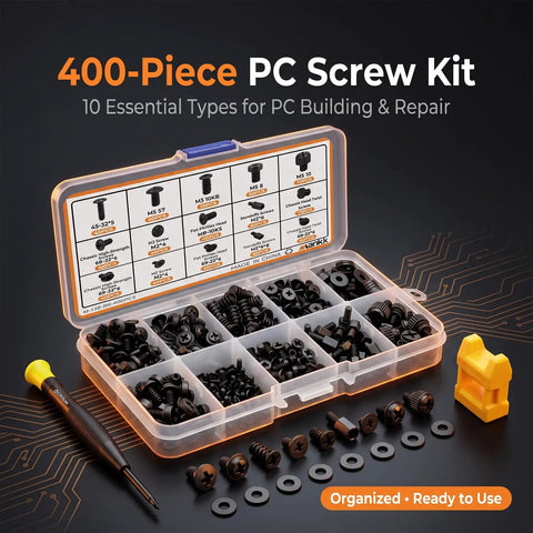 Beefed Up 400 Piece Pc Screw And Standoff Hardware Kit With Heavy Duty Black Zinc Plated Spacers, assorted screws and tools for PC builds.