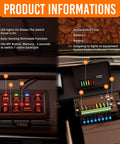 Diagram of 8 Gang Switch Panel With RGB LED Lights showing features, dimensions, and internal components for vehicles or boats.