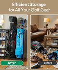 Comparison of a golf bag storage organizer holding two golf bags versus scattered golf gear in a living room, showcasing efficiency.