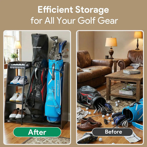 Comparison of a golf bag storage organizer holding two golf bags versus scattered golf gear in a living room, showcasing efficiency.
