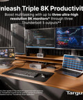 Top Shelf Triple 8K Thunderbolt 5 Docking Station With 140W EPR Rapid Charge, Heavy Hitter 80Gbps Data Rates, Four Extra USB-A Ports, And Dead Simple Plug And Play Setup For Pros on a modern desk.