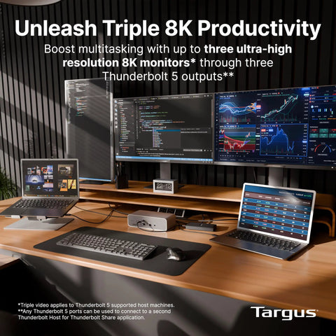 Top Shelf Triple 8K Thunderbolt 5 Docking Station With 140W EPR Rapid Charge, Heavy Hitter 80Gbps Data Rates, Four Extra USB-A Ports, And Dead Simple Plug And Play Setup For Pros on a modern desk.