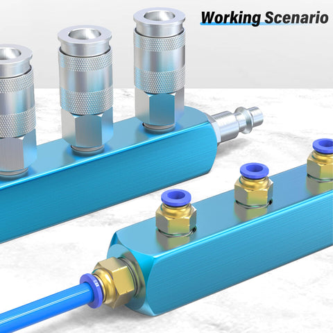 Blue Five Way Eight Port Pneumatic Manifold Block Aluminum Air Distribution Block For Compressed Air Systems One Quarter Inch High Flow Air Path Exhaust Distributor in working setup with attached connectors and tubing on a marble surface.