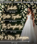 Custom Neon Sign LED Name Signs For Weddings And Parties size guide with bride and floral backdrop