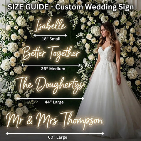 Custom Neon Sign LED Name Signs For Weddings And Parties size guide with bride and floral backdrop