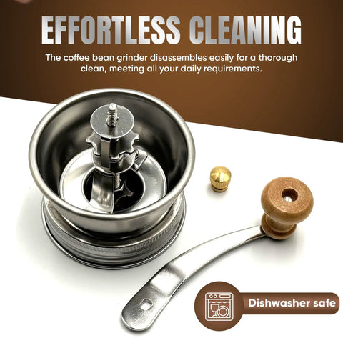 Mason Jar Coffee Grinder Lid with Manual Crank Burr Grinder showing rust-proof ceramic mechanism and wood handle.