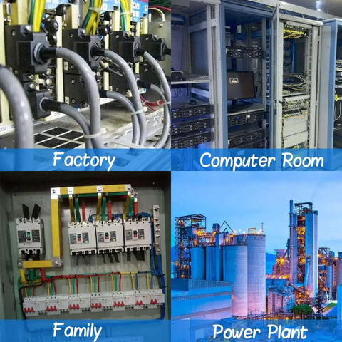 Factory, computer room, home circuit breakers, and power plant setup for diverse electrical solutions.