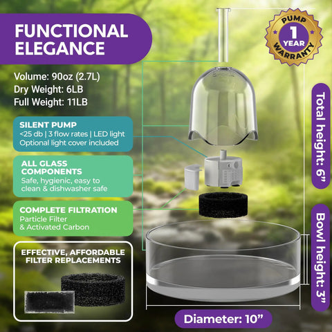All Glass Pet Fountain 90oz 2.7L For Cats And Dogs, Glass Cat Fountain And Automatic Water Dispenser, Hygienic Drinking Stream, Leakproof Design, Easy Clean, Top Notch Hydration