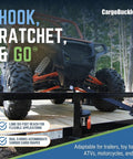 G3 Retractable Ratchet Tie Down System With Dual Safety Lock securing an ATV on trailer, showcasing heavy-duty straps in use.